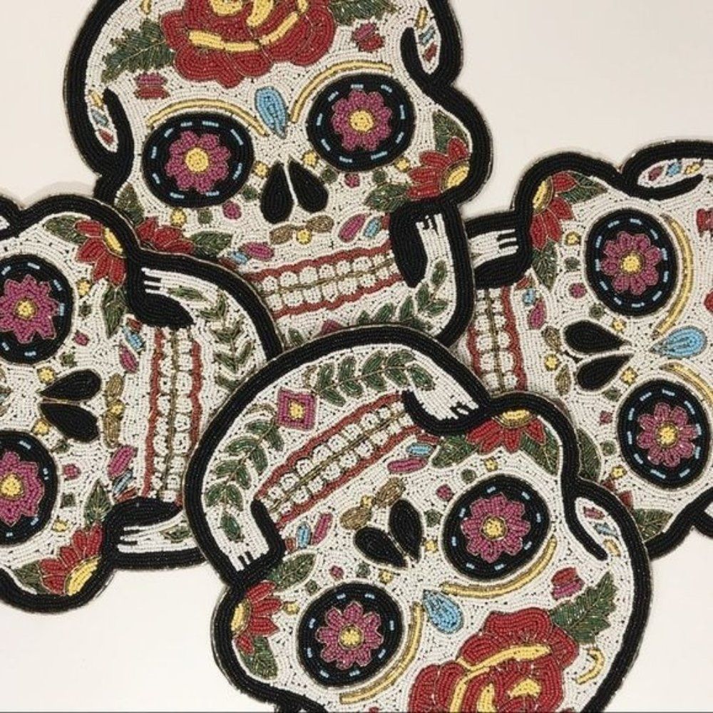 Hand-Beaded Sugar Skull Halloween Decor Placemats Set of 4 NWT